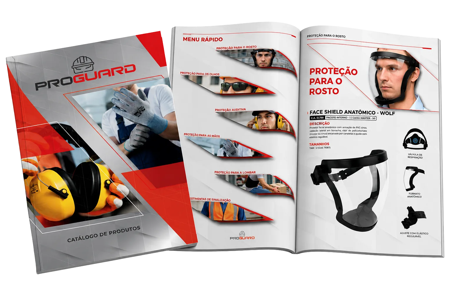 Mockup do Catálogo de Produtos PROGUARD 2026 aberto