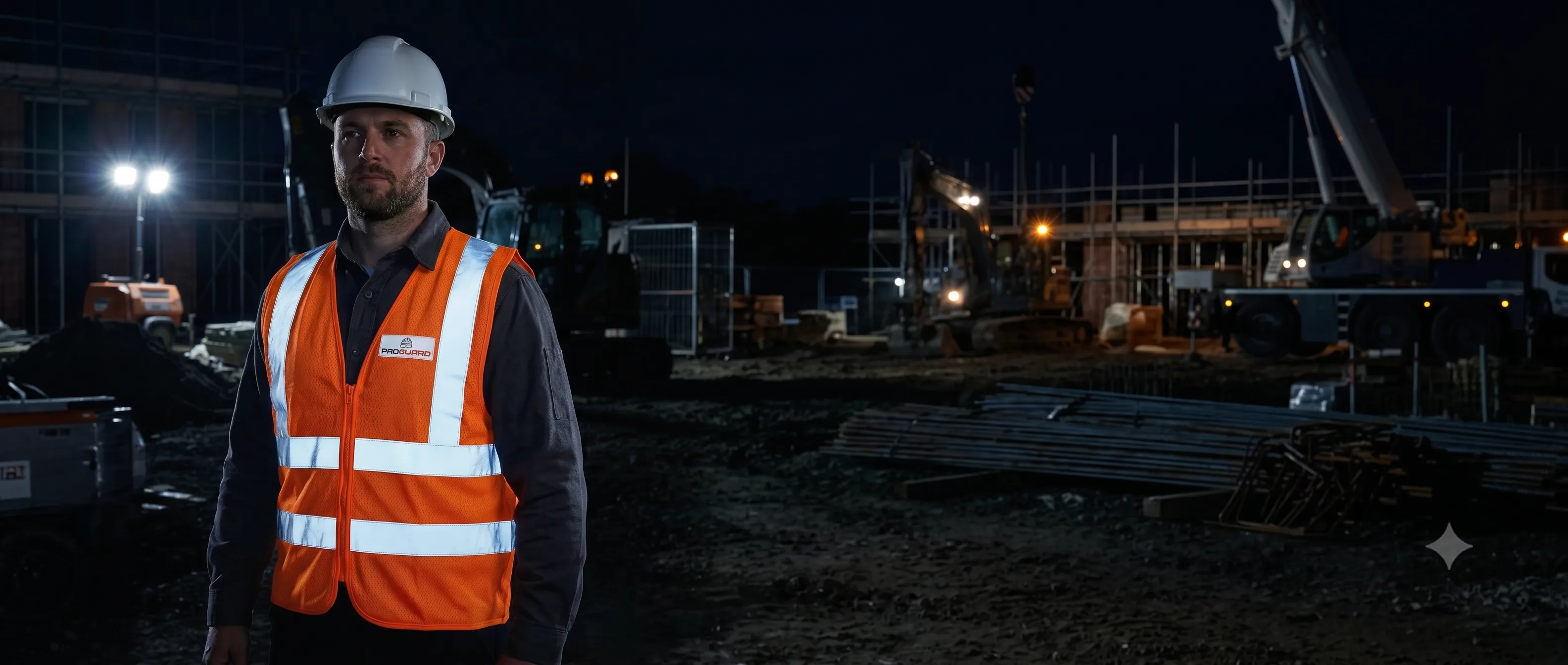 Profissional PROGUARD com capacete e colete refletivo em canteiro de obras à noite